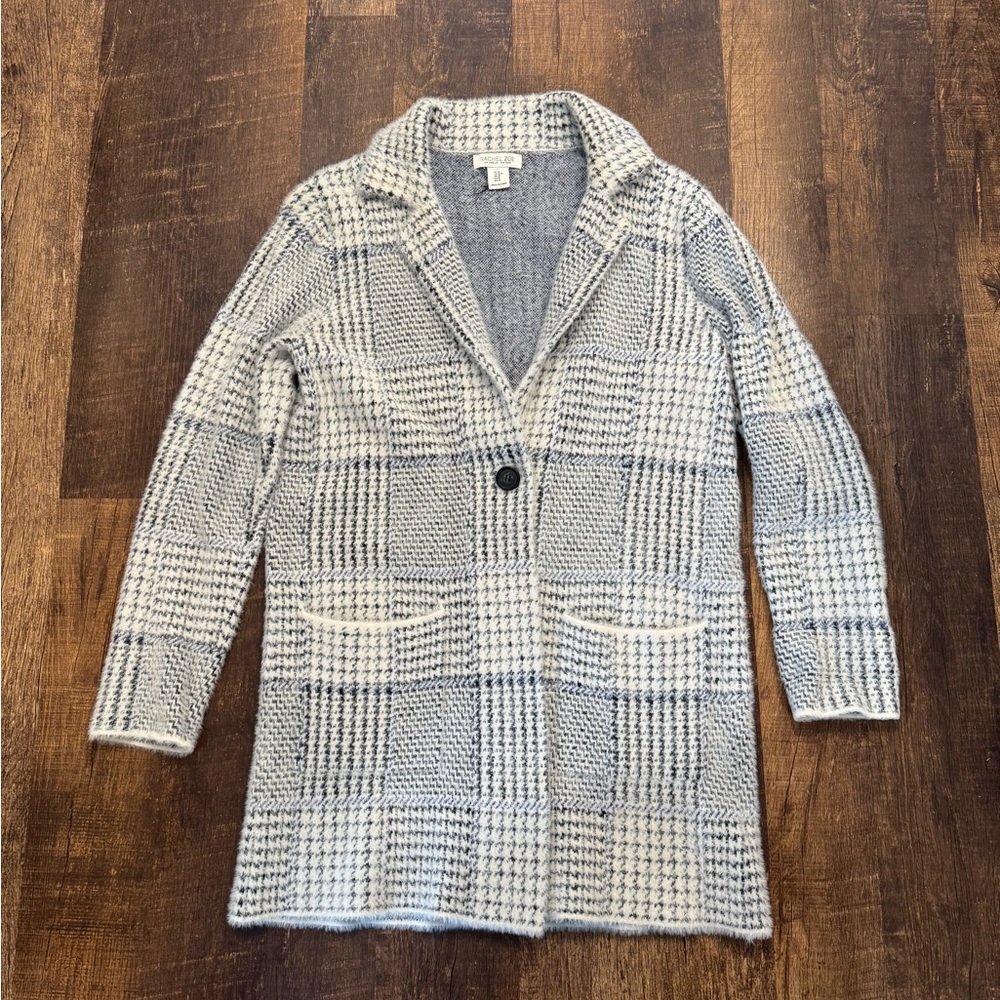 Rachel Zoe white and blue long Houndstooth Knit Cardigan with pockets